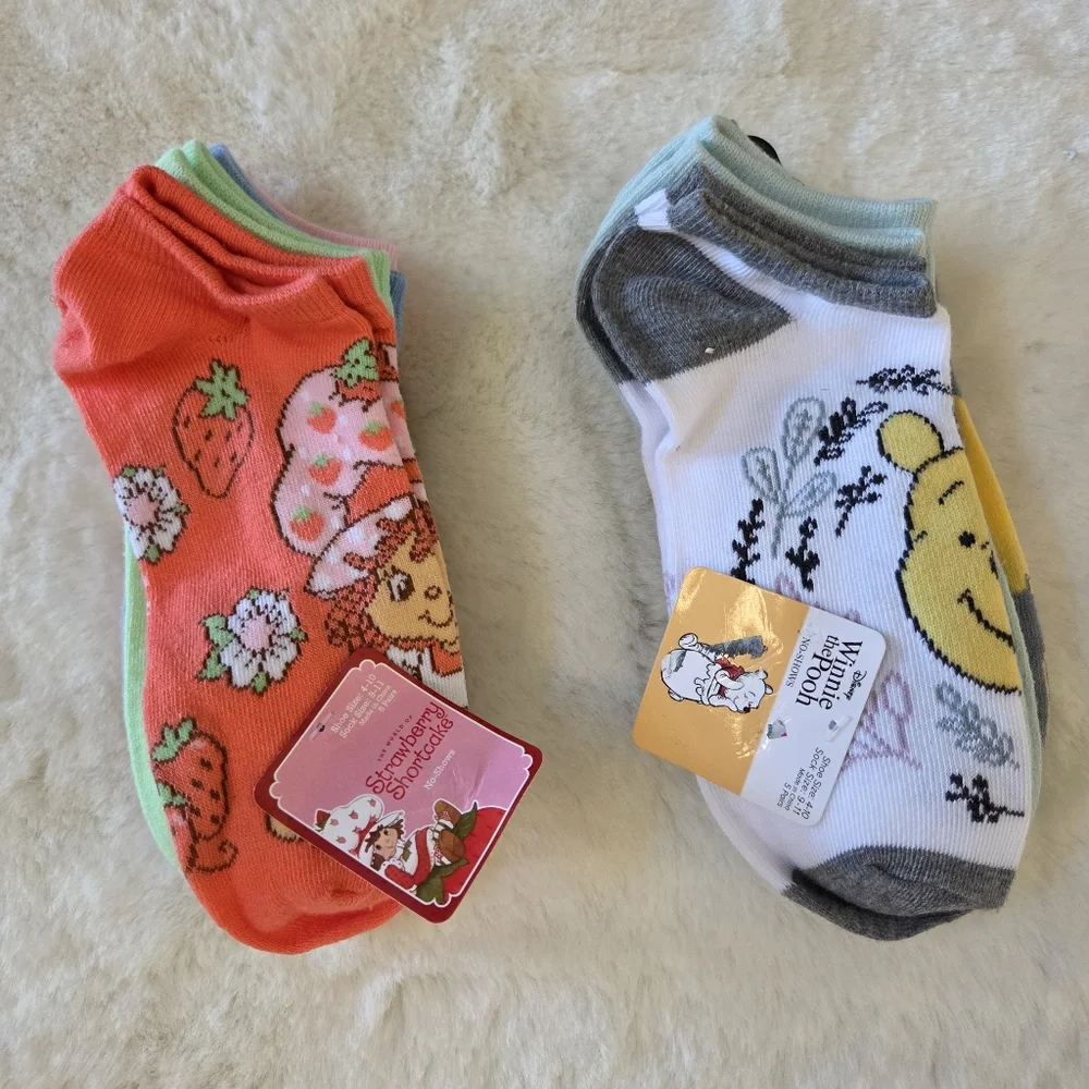 Bundle Winnie The Pooh 5-Pack& Strawberry Shortcake Socks 5-Pack Size 9-11
